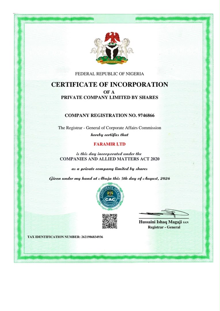 Faramir Travel Agency CAC Certificate
